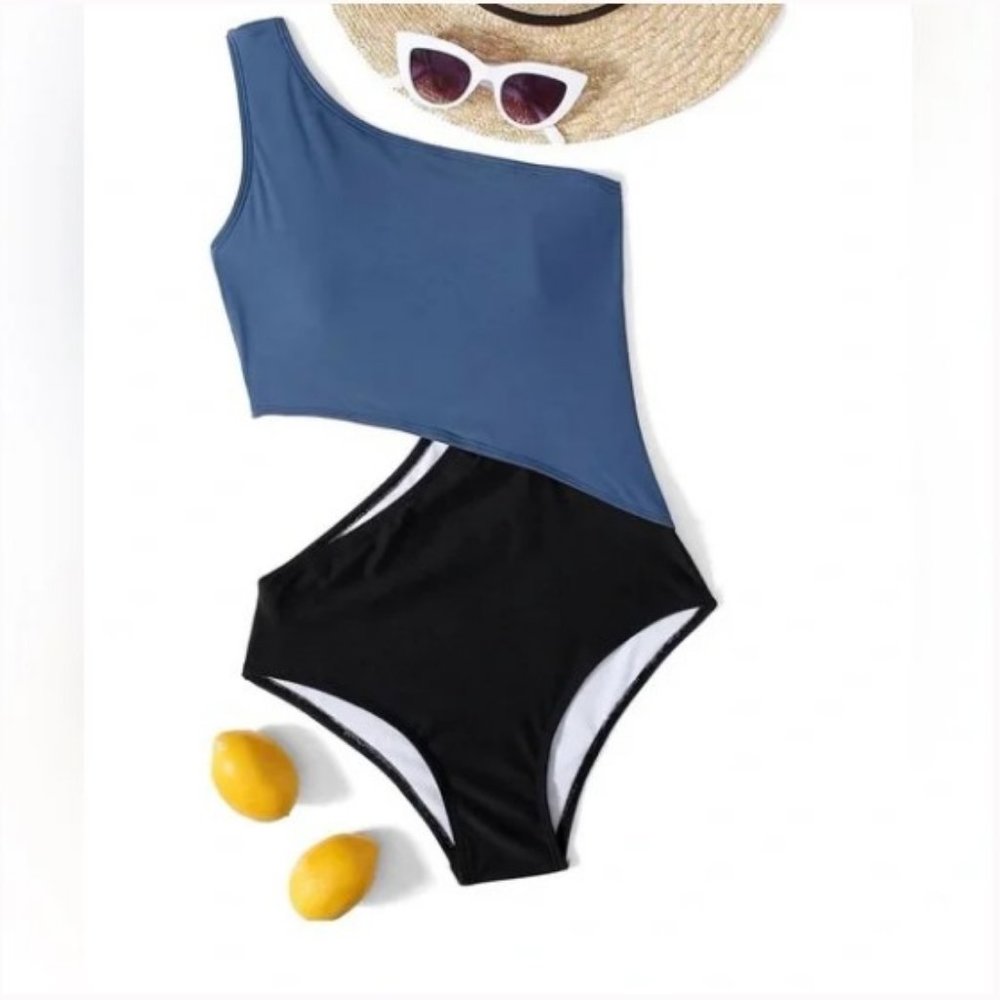 SweatyRocks NWOT One Shoulder Cutout One Piece Swimsuit Monokini Blue Sz S